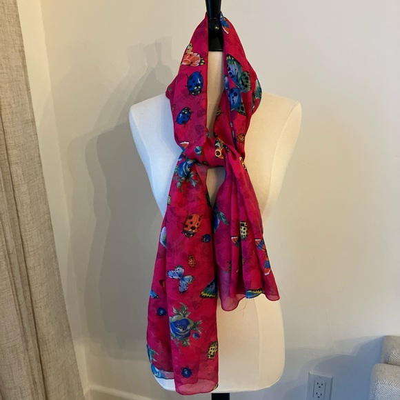 Vintage Vibrant Hot Pink Butterfly ladybug Scarf - Picture 2 of 5